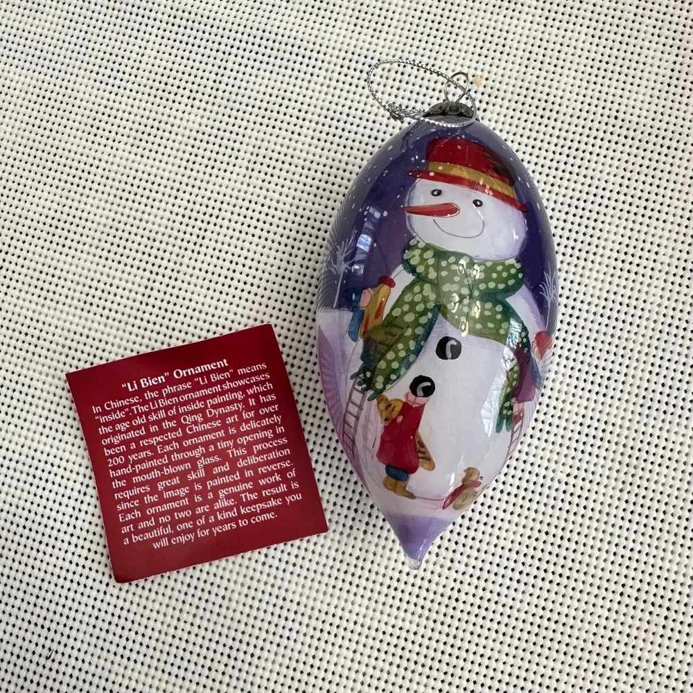Li Bien SNOWMAN Teardrop Christmas Ornament Hand Painted Blown Glass‎